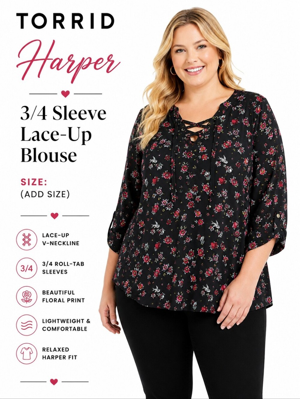 TORRID Harper 3/4 Sleeve Lace-Up Blouse Floral Print Size 3X